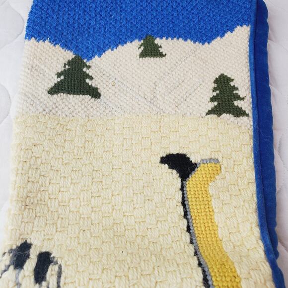 Vintage Christmas Needlepoint Christmas Stocking Ski Theme Blue Velvet Sports - Picture 5 of 10